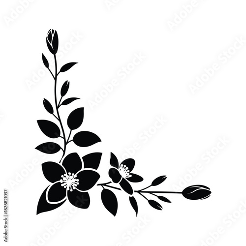 Elegant black floral corner design with leaves and buds