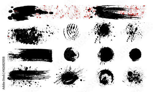 Artistic ink splatters, grungy paint brush strokes with smears, stains, blot drops, drips, dry brush marks, and rough round frames. Vector illustration, abstract background, textured graphic, splash