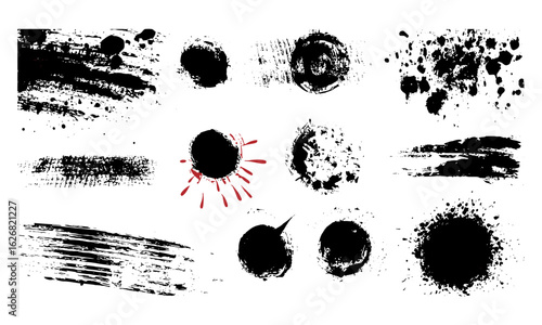 Grunge paint strokes and ink splashes with bold smears, stains, drips, blot drops, dry brush textures, and rough frames. Vector illustration featuring artistic splatter, textured background