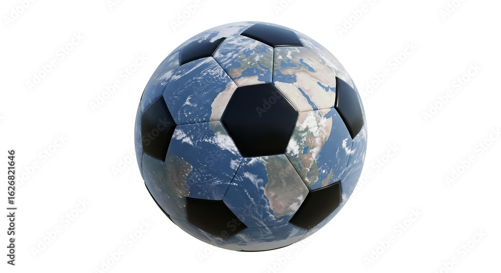 Naklejka premium Soccer ball with planet Earth drawn on it on a white background