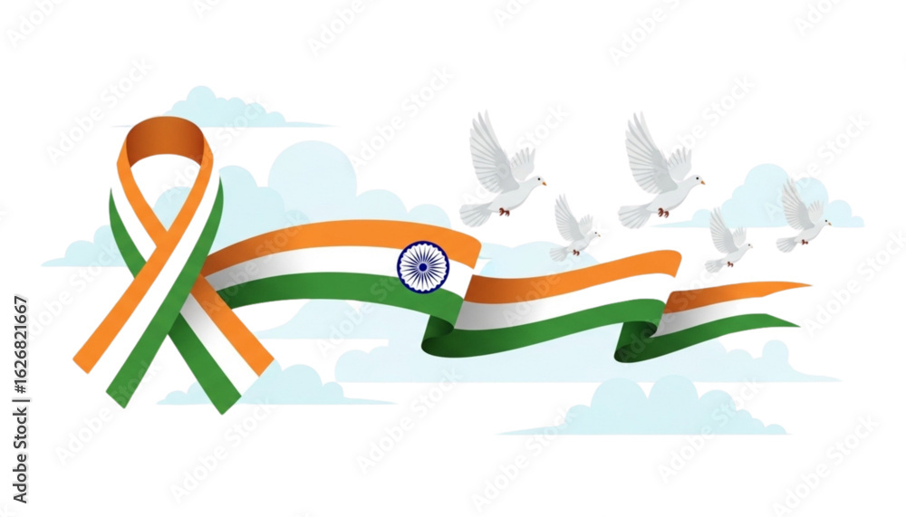 Obraz premium Indian flag ribbon, doves of peace soaring amidst clouds, symbolizing hope and unity.
