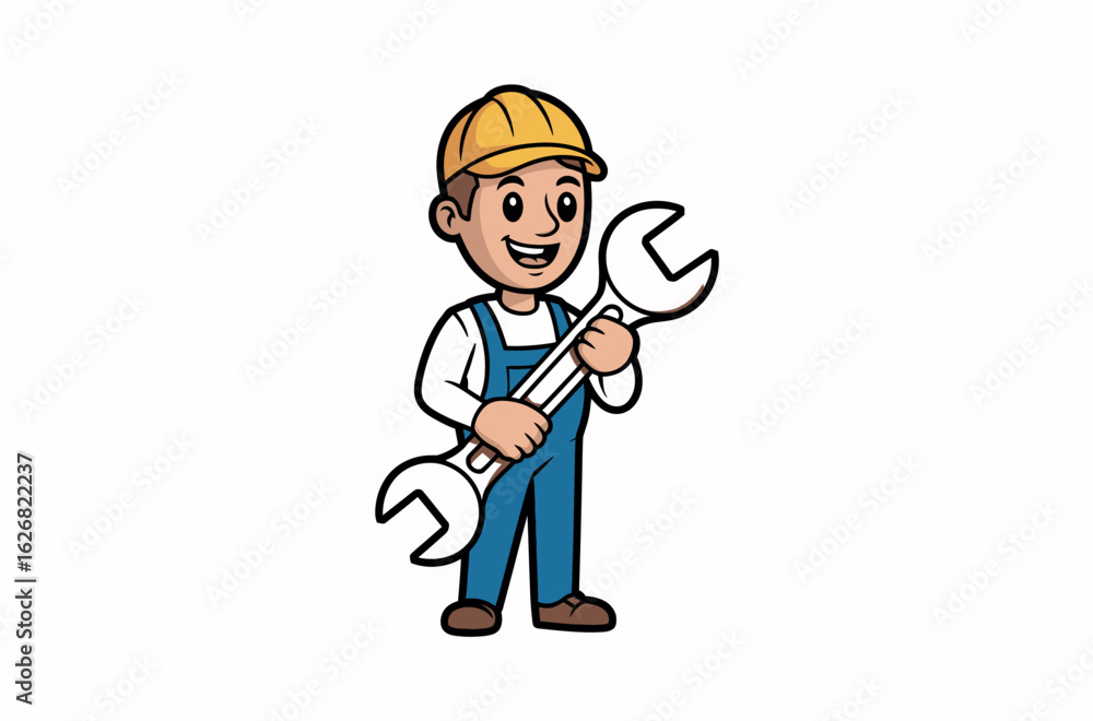 Friendly Mechanic Holding Wrench - Cartoon Illustration for Repair Services Friendly Mechanic Holding Wrench - Cartoon Illustration for Repair Services
