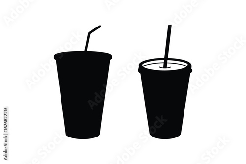 Two tall black beverage cups with straws shown in a simple silhouette style against a white background representing drinks and refreshment silhouette