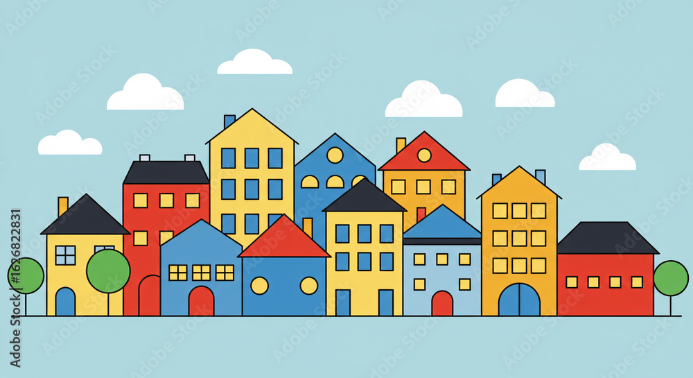 Colorful Town: A whimsical scene of vibrant houses and buildings of various shapes and sizes, nestled beneath a playful sky dotted with fluffy clouds. Colorful Town: A whimsical scene of vibrant houses and buildings of various shapes and sizes, nestled beneath a playful sky dotted with fluffy clouds.