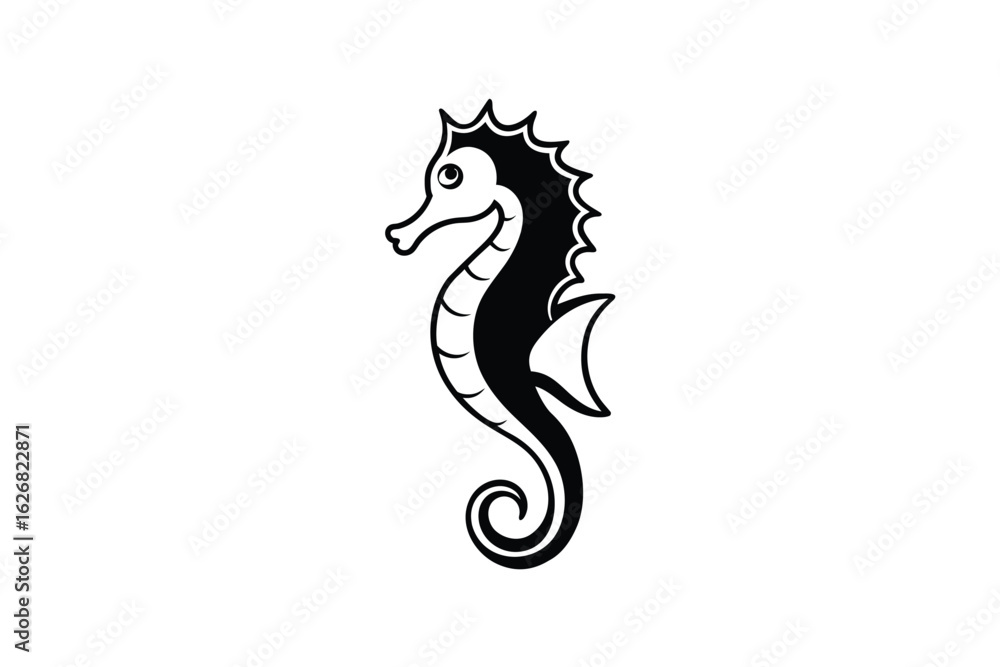 Fototapeta premium A striking black and white illustration of a seahorse in a classic silhouette style perfect for marine life and ocean themes