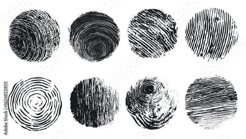 Rough textured grungy hand-printed circles collection. Linocut vector relief printing with lino ink stamps, badges, frames. Artistic round backgrounds, faded roller stain textures, geometric frame