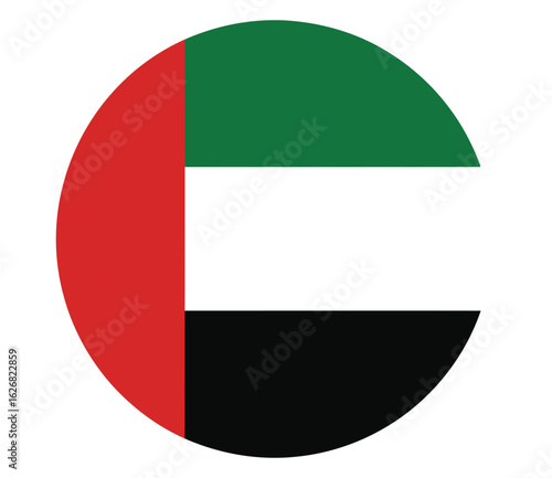 Circular UAE national flag design with red, green, white, and black segments—symbol of unity, heritage, and modern national identity 
