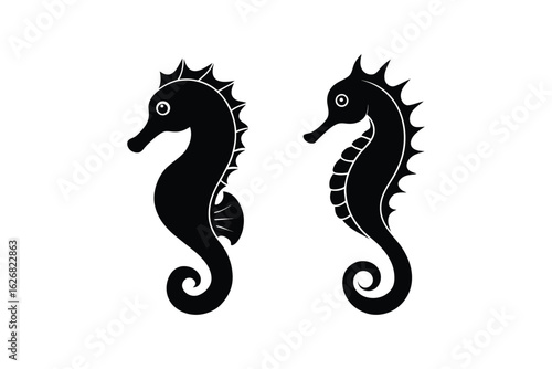 Two detailed black seahorse silhouettes facing opposite directions against a crisp white background showcasing their unique aquatic forms and elegant curves silhouette