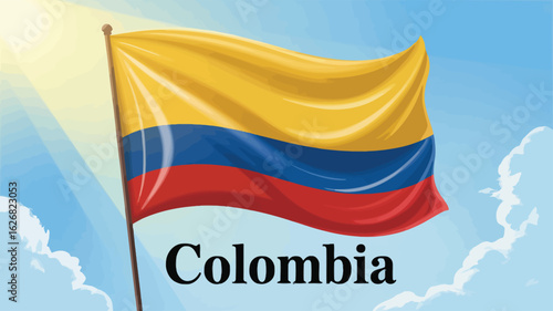 Colombian flag waving against blue sky with clouds and “Colombia” text—symbol of freedom, pride, and national identity 