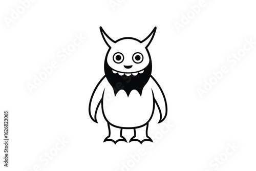 Whimsical cartoon monster with large eyes pointy horns and a jagged beard standing on two feet silhouette