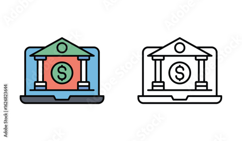 Online Banking Vector Illustration Featuring a Laptop with a Bank Building