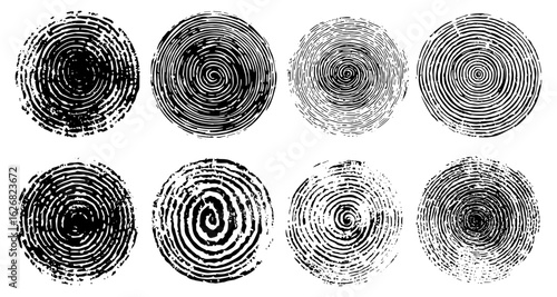 Textured organic hand-printed shapes featuring grungy linocut vector circles collection. Rough relief printing set with artistic stamps, concentric round textures