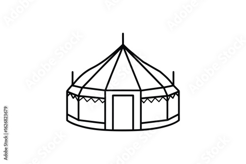 Simple black and white line drawing of a traditional nomadic dwelling a yurt or ger presented as a clean silhouette against a white background