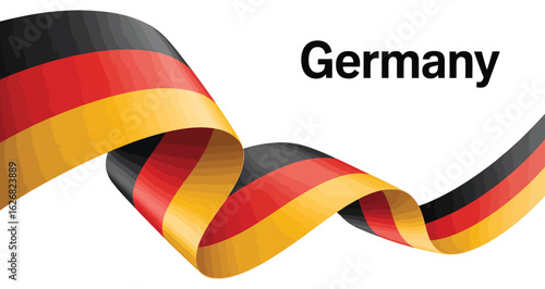Flowing ribbon in German national colors—black, red, and yellow—with “Germany” text on bright backdrop, symbolizing identity and pride 
