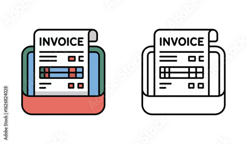 Invoice Illustration Featuring Paperwork Inside a Small Tray, with Bold Colors and a Line Art Version