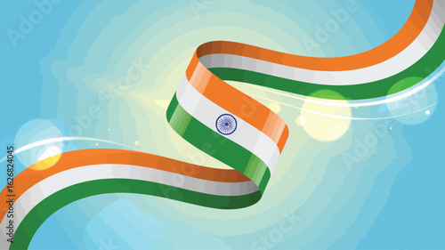  Twisted ribbon in Indian flag colors with Ashoka Chakra on blue backdrop—symbol of patriotism, unity, and festive national pride