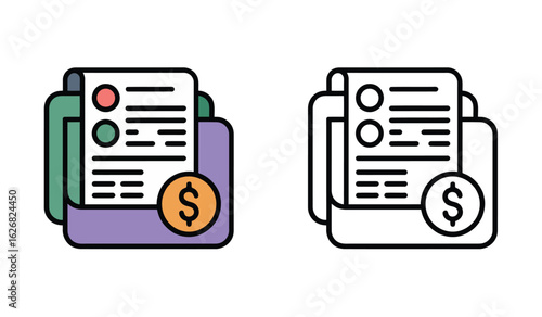 Expense Report Icons Illustrating Financial Transactions and Statements with Dollar Sign Emblems and Document Presentation