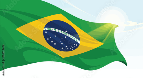 Waving Brazilian flag with yellow diamond, starry globe, and national motto, set against a bright sky—symbol of heritage and progress 