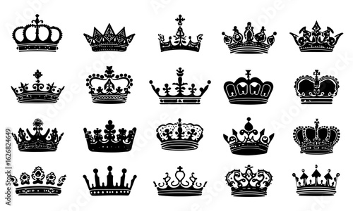 Hand drawn elegant crown icon set, vintage monarchy and royalty symbols, minimal ornate king, queen and imperial crowns, luxury royal graphic elements, regal crests, badges, noble tiaras