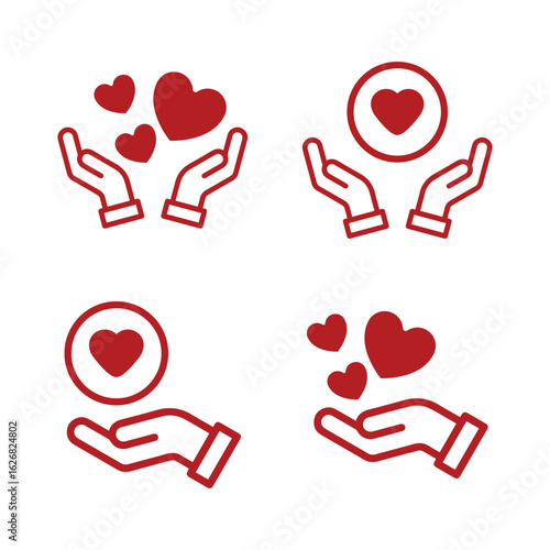 Red outline hands holding and releasing hearts, a graphic representation of giving and receiving love.
