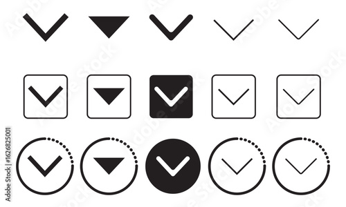 Dropdown arrow icon set in various styles