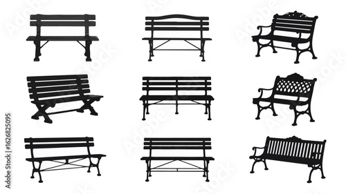 Collection of nine black park benches with varied designs silhouettes outdoor furniture seating