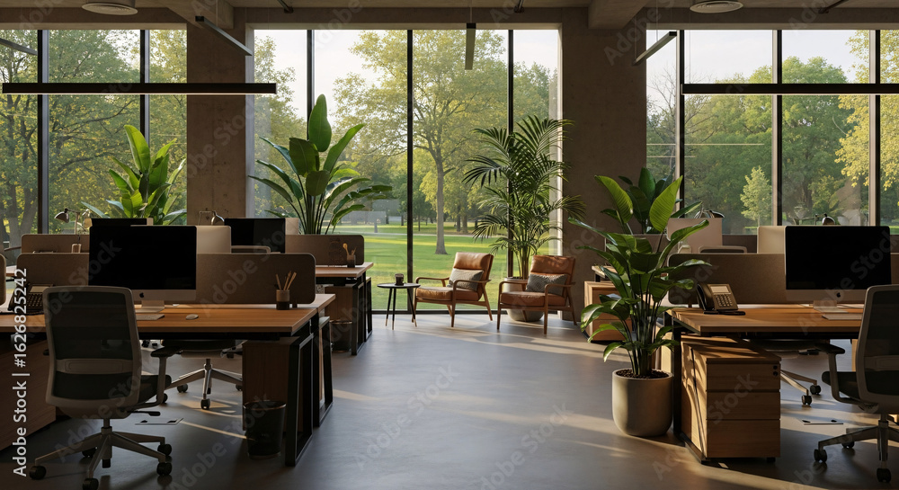 Workspace Sanctuary: An office setting blends natural light and outdoor views through large windows, fostering a serene, productive atmosphere. Workspace Sanctuary: An office setting blends natural light and outdoor views through large windows, fostering a serene, productive atmosphere.