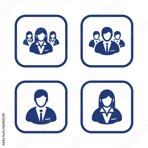 Four business icons depicting individuals and groups, representing teamwork and leadership.