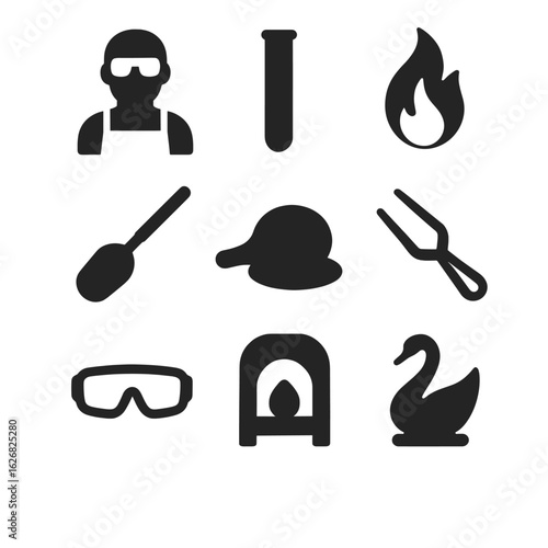 Artisan glassblowing process solid glyph icons set. Includes glassblower, furnace, blowpipe, and tools for handmade glass art - the glassblower profession.