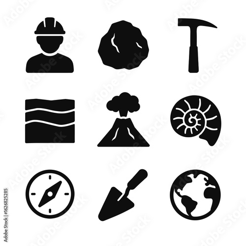 Geology and earth science concept icon set. Solid glyphs representing volcanology, paleontology, and exploration - the geologist profession - the geologist profession.