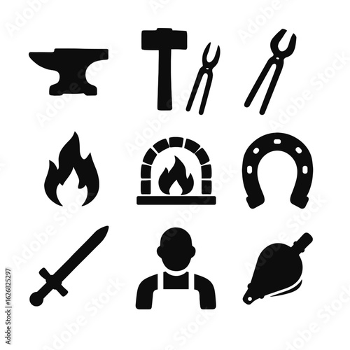 Blacksmithing and metalworking icon set. Vector collection of forging tools like anvil, hammer, and furnace - the blacksmith profession.