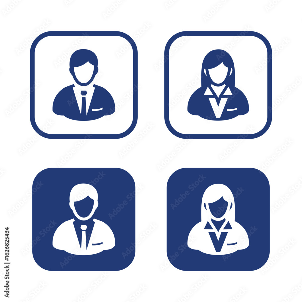Simple vector illustrations of male and female business people icons, in different color variations. Simple vector illustrations of male and female business people icons, in different color variations.