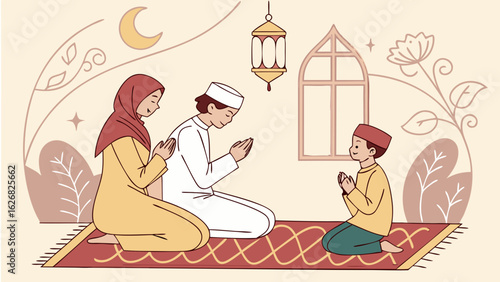 Flat vector illustration of Muslim family praying in cozy home setting with warm lighting, ideal for education, awareness, and Islamic content.