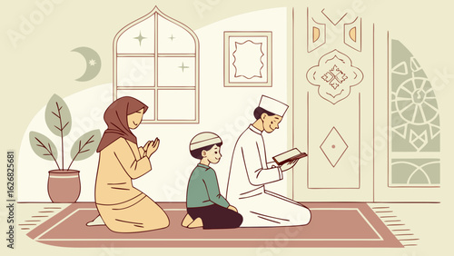 Flat vector illustration of Muslim family praying in cozy home setting with warm lighting, ideal for education, awareness, and Islamic content.