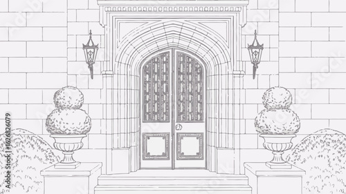 Ornate arched doorway stone facade topiaries architectural drawing gothic arch ornate doorway