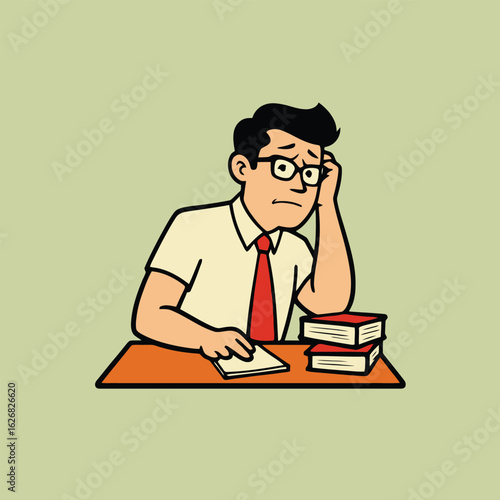 Tired man with glasses sitting at desk with books vector illustration