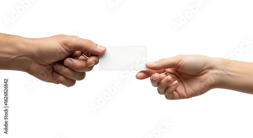 Male and female hands exchanging a blank white business card. Isolated on transparent background, png