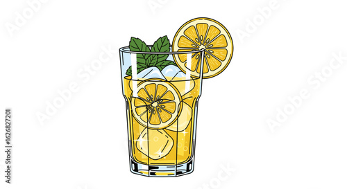 Refreshing Lemonade Drink with Ice, Mint, and Citrus Slices in a Tall Glass