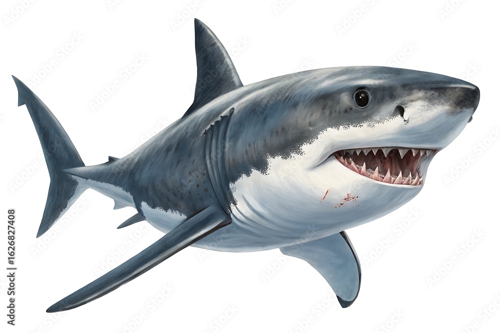 Fototapeta premium Great white shark isolated on white background, illustration of marine predator