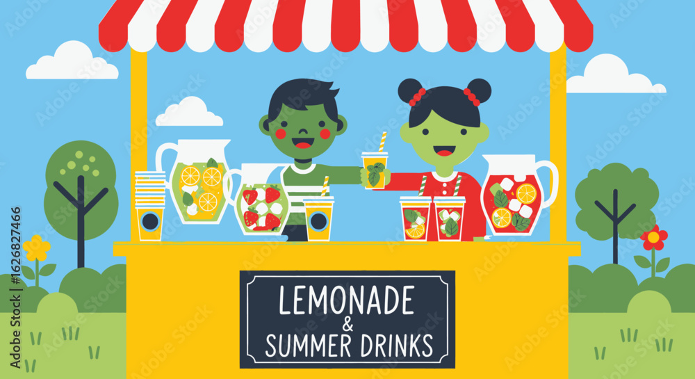 Naklejka premium Illustration of Children Selling Lemonade and Summer Drinks at a Stand