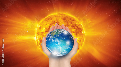 Fototapeta Naklejka Na Ścianę i Meble -  Woman holding glass globe on her hand with Hot sun and deep space 