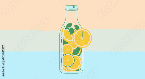 A minimalist illustration of citrus infused water. A glass bottle filled with lemon slices and mint leaves for a healthy, refreshing drink.