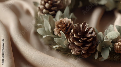 Close-up of a wreath decorated with pinecones and foliage resting on a draped, silky, beige cloth.