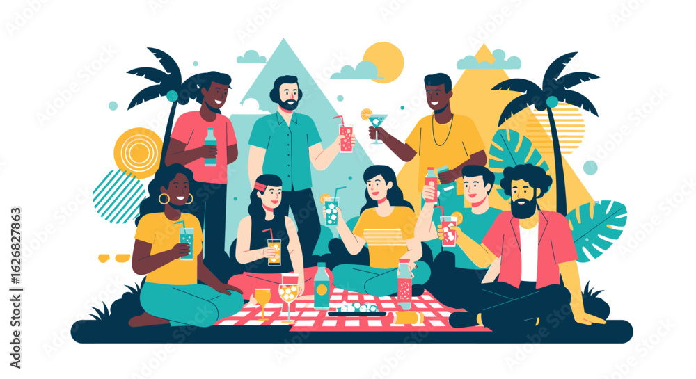 Naklejka premium A vibrant illustration of a diverse group of young friends enjoying a festive outdoor picnic party with drinks and snacks.