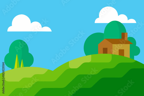 Flat design illustration of a small house on a green hillside under a blue sky