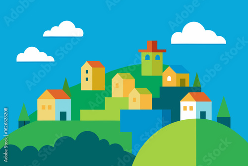 Colorful geometric houses nestled on rolling green hills under a bright blue sky