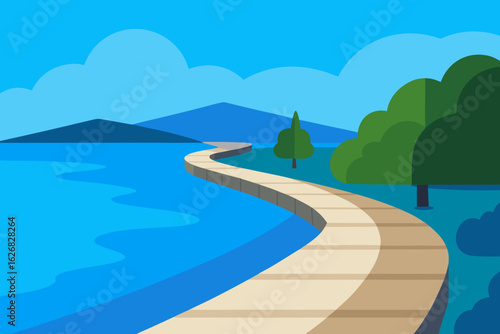 Curving pathway along a blue lake with distant mountains and trees