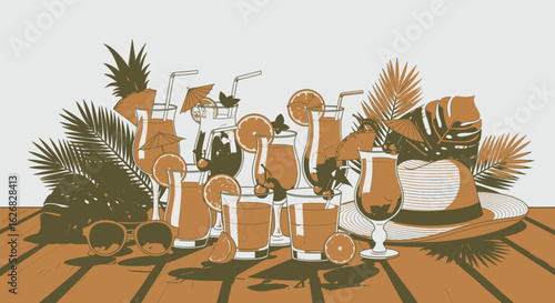 Tropical Refreshments A Vibrant Still Life of Summer Drinks and Exotic Foliage