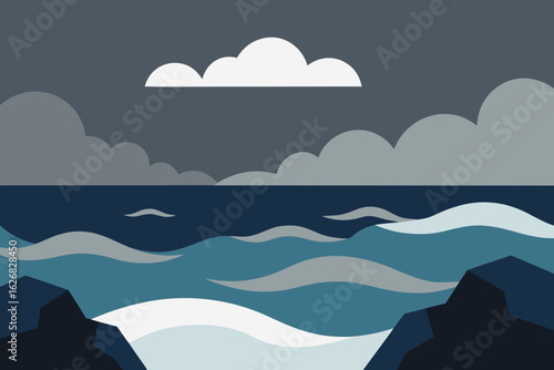 Stylized abstract seascape with dark clouds and choppy blue waves