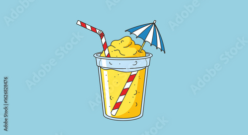 A vibrant cartoon illustration of a refreshing yellow frozen slushy drink with a striped straw and a small cocktail umbrella.